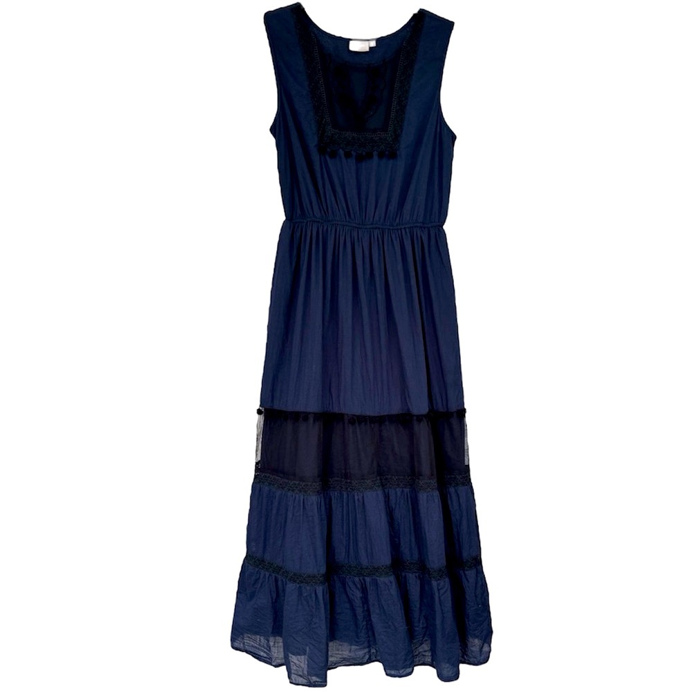 Elegant Maxi Dress Sleeveless Navy Blue Black Pom Lace Embroidered Size Large - Picture 11 of 17